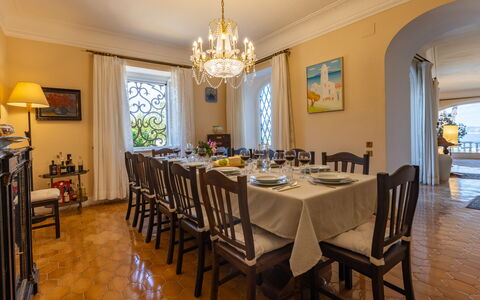 Villa Carina 12: Furniture, Interior Design, Table, Ceiling, Kitchen & Dining Room Table, Dining Room, Chair, Room, Lighting, Flooring