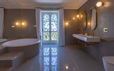 Villa Carina 12: Plumbing Fixture, Interior Design, Flooring, Bathroom, Light Fixture, Lighting, Tap, Floor, Plumbing, Ceiling