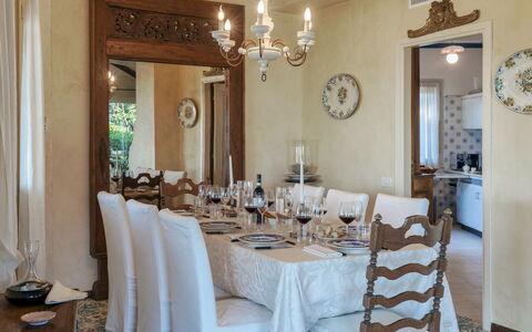 Villa del Prato 8: Furniture, Interior Design, Table, Chair, Dining Room, Kitchen & Dining Room Table, Ceiling, Chandelier, Room, Lighting