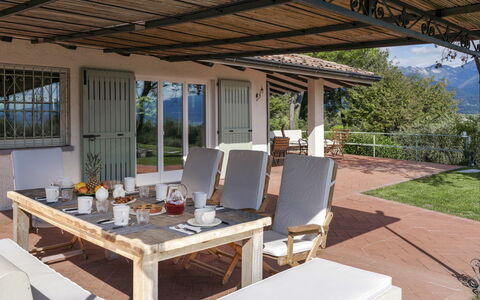 Villa del Prato 8: Furniture, Table, Chair, Wood, Outdoor Furniture, Kitchen & Dining Room Table, Outdoor Table, Porch, Shade, Outdoor Structure