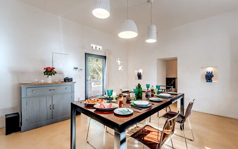 Casale di Amelì 5: Furniture, Interior Design, Flooring, Wall, Chair, Table, Dining Room, Kitchen & Dining Room Table, Wood, Ceiling
