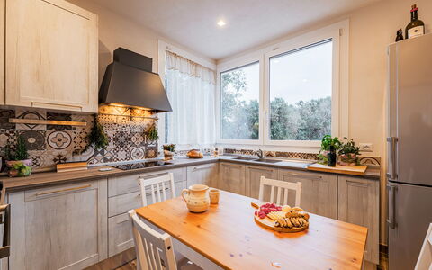Villa Puspo 8: Kitchen, Countertop, Furniture, Interior Design, Kitchen Appliance, Major Appliance, Cabinetry, Flooring, Wood, Ceiling
