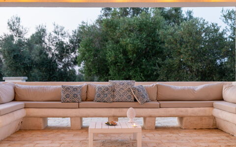 Villa Puspo 8: Floor, Couch, Furniture, Outdoor Furniture, Shade, Hardwood, Design, Sofa Bed, Living Room
