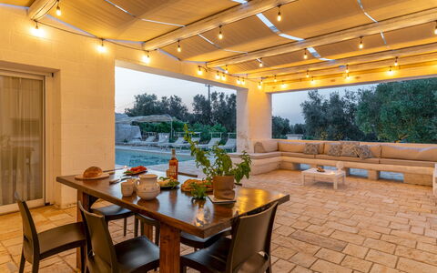Villa Puspo 8: Furniture, Outdoor Furniture, Flooring, Chair, Table, Floor, Swimming Pool, Resort, Shade, Outdoor Table