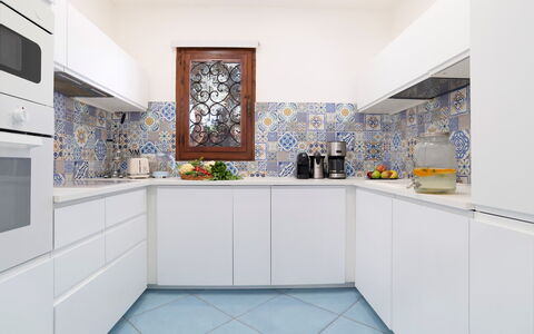 Villa Sandra 10: Blue, Kitchen, Flooring, Interior Design, Floor, Tile, Countertop, Mosaic, Major Appliance, Kitchen Appliance