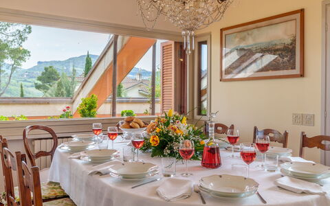 Villa Lia 10: Furniture, Table, Interior Design, Tablecloth, Chair, Dining Room, Tableware, Kitchen & Dining Room Table, Ceiling, Linens