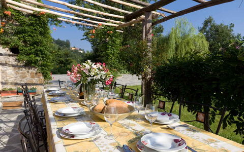 Villa Arbeio 8+6: Furniture, Table, Chair, Outdoor Furniture, Outdoor Table, Restaurant, Kitchen & Dining Room Table, Shade, Garden, Tablecloth