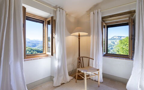 Casale la Cascina 8: Interior Design, Ceiling, Curtain, Window Treatment, Daylighting, Hardwood, Wood Stain, Linens, Villa, Balcony