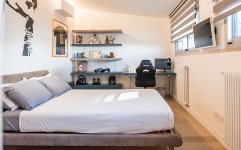 Villa Giulia 8: Furniture, Bed, Interior Design, Bedroom, Bedding, Bed Sheet, Wall, Floor, Flooring, Room