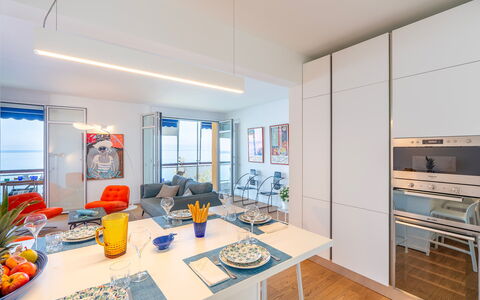 La Scogliera di Sori 5+1: Interior Design, Flooring, Floor, Apartment, Furniture, Ceiling, Room, Home, Kitchen, Chair