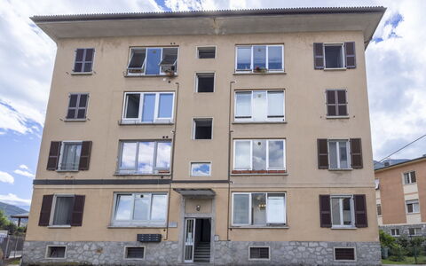 Genzianella Alpine Apartment: Flooring, Floor, Ceiling, Interior Design, Countertop, Kitchen, Cabinetry, Room, Major Appliance, Light Fixture