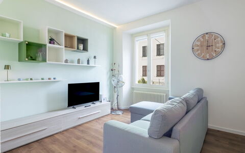 Genzianella Alpine Apartment: Flooring, Floor, Ceiling, Interior Design, Countertop, Kitchen, Cabinetry, Room, Major Appliance, Light Fixture