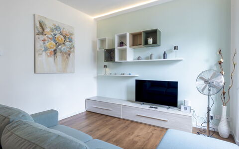 Genzianella Alpine Apartment: Flooring, Floor, Ceiling, Interior Design, Countertop, Kitchen, Cabinetry, Room, Major Appliance, Light Fixture