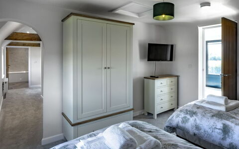 The Farmhouse at Rusty Lane Farm: Interior Design, Flooring, Floor, Bedroom, Wood, Bed, Furniture, Ceiling, Room, Lighting