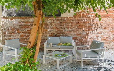 Contemporary House: Furniture, Outdoor Furniture, Chair, Garden, Outdoor Table, Armrest, Patio, Shade, Backyard