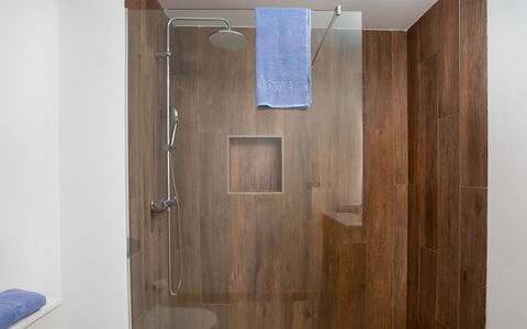 La Quinta Hills: Flooring, Wood, Floor, Plumbing Fixture, Interior Design, Shower Head, Plumbing, Shower, Tile, Bathroom