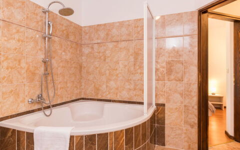 Villa Dominique: Bathroom, Bathtub, Flooring, Plumbing Fixture, Interior Design, Floor, Plumbing, Ceiling, Tap, Brown