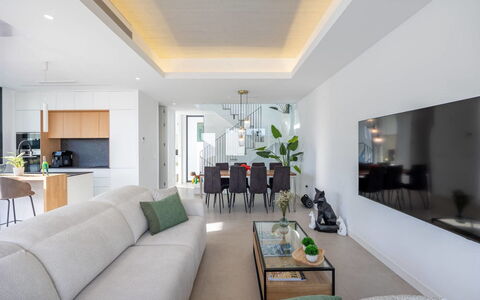 Villa Esencia: Interior Design, Furniture, Flooring, Ceiling, Floor, Couch, Living Room, Table, Room, Chair