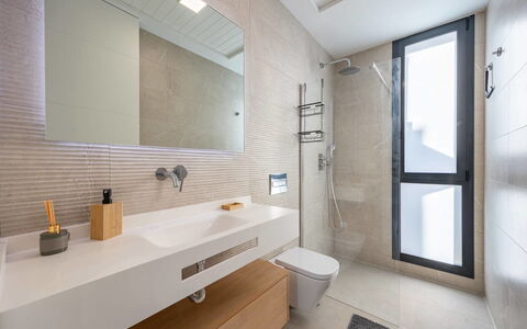 Villa Esencia: Bathroom, Interior Design, Plumbing Fixture, Bathroom Sink, Flooring, Wall, Mirror, Bathroom Cabinet, Sink, Floor