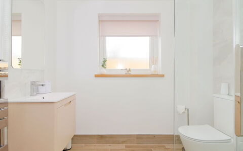 The Cottage: Flooring, Interior Design, Bathroom, Floor, Wall, Plumbing Fixture, Mirror, Ceiling, Tap, Room