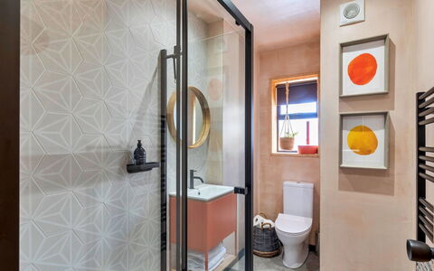 Bognor Regis 602: Interior Design, Wall, Flooring, Floor, Light Fixture, Lighting, Ceiling, Plumbing Fixture, Bathroom, Orange