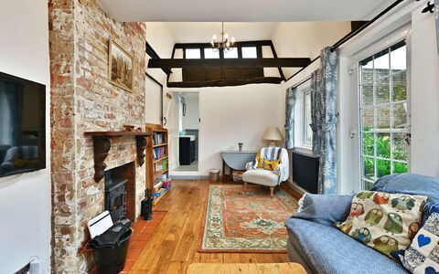 The Old Barn, Hadlow: Furniture, Wall, Interior Design, Wood, Ceiling, Flooring, Lighting, Floor, Home, Living Room