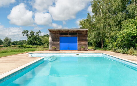 The Old Schoolhouse at Penrhos: Blue, Composite Material, Swimming Pool, Garden Buildings, Shade, Design, Landscaping, Wood Stain, Shed, Backyard