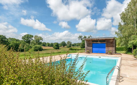 The Old Schoolhouse at Penrhos: Blue, Swimming Pool, Garden, Shade, Landscaping, Farmhouse, Park, Backyard, Garden Buildings