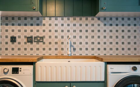The Old Schoolhouse at Penrhos: Interior Design, Kitchen, Tile, Cabinetry, Countertop, Wood Stain, Design, Ceramic, Major Appliance, Paint