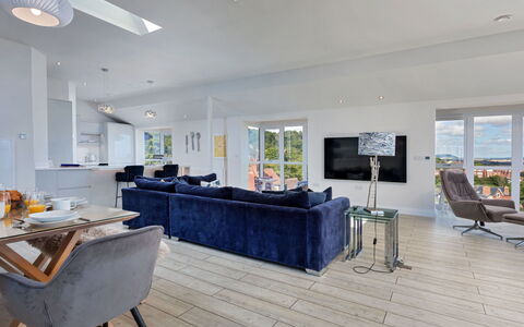 The Penthouse, Scarborough: Furniture, Flooring, Interior Design, Floor, Couch, Wood, Ceiling, Wood Flooring, Living Room, Home