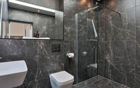 The Penthouse, Scarborough: Flooring, Floor, Plumbing Fixture, Interior Design, Tile, Plumbing, Ceiling, Bathroom, Tap