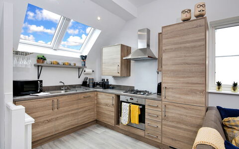 Captains Retreat, Whitby: Kitchen, Countertop, Cabinetry, Kitchen Appliance, Furniture, Major Appliance, Wood, Flooring, Home Appliance, Interior Design