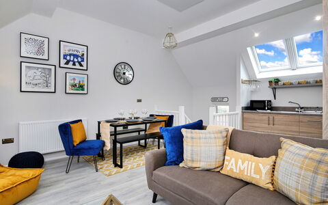 Captains Retreat, Whitby: Furniture, Interior Design, Couch, Flooring, Floor, Wood, Room, Ceiling, Living Room, Apartment