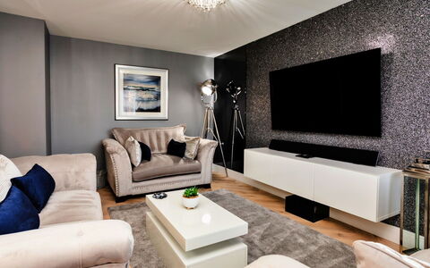 South Beach House: Furniture, Interior Design, Wall, Flooring, Living Room, Couch, Floor, Home, Television, Ceiling