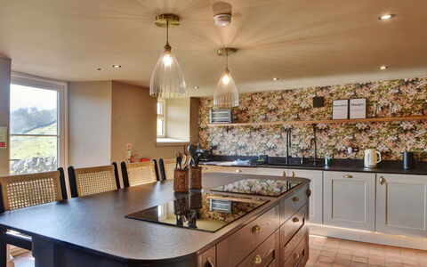 Blackton Farmhouse: Interior Design, Kitchen, Countertop, Light Fixture, Cabinetry, Furniture, Flooring, Ceiling, Wood, Lighting