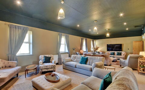 Blackton Farmhouse: Furniture, Interior Design, Flooring, Floor, Couch, Ceiling, Room, Lighting, Living Room, Light Fixture