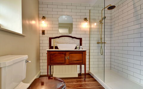 Blackton Farmhouse: Bathroom, Interior Design, Plumbing Fixture, Wall, Flooring, Floor, Light Fixture, Tap, Toilet, Lighting