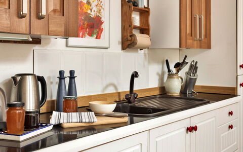 Vine Barn Studio: Kitchen, Tableware, Kitchen Appliance, Countertop, Furniture, Home Appliance, Cabinetry, Bottle, Food