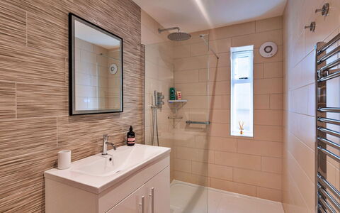 The Asparagus Shed: Bathroom, Flooring, Plumbing Fixture, Floor, Wall, Interior Design, Bathroom Sink, Sink, Bathroom Cabinet, Tile