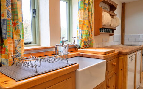 Rough Close Farm Cottage: Kitchen, Countertop, Wood, Cabinetry, Kitchen Sink, Plumbing Fixture, Interior Design, Sink, Flooring, Tap