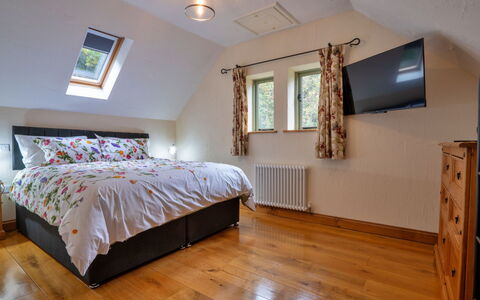 Rough Close Farm Cottage: Bed, Interior Design, Bedroom, Furniture, Wood, Ceiling, Bed Sheet, Bedding, Flooring, Room