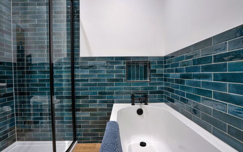 East Bank: Blue, Flooring, Bathroom, Composite Material, Tile, Plumbing Fixture, Brick, Ceramic, Plumbing, Tap