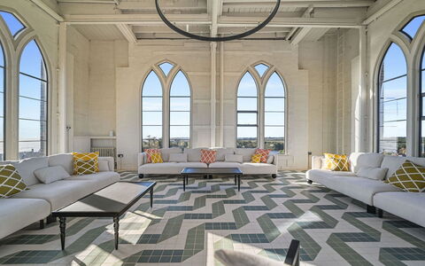 Arc Thorpeness: Flooring, Floor, Interior Design, Ceiling, Tile, Daylighting, Living Room, Lobby, Symmetry
