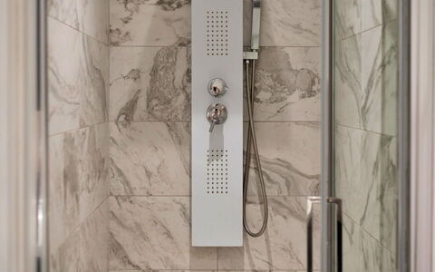 The Mount: Flooring, Interior Design, Floor, Door, Plumbing Fixture, Tile, Room, Plumbing, Shower Door, Bathroom