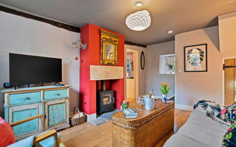 Meadowsweet Cottage: Furniture, Interior Design, Wall, Wood, Flooring, Room, Ceiling, Floor, Lighting, Living Room