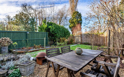 Meadowsweet Cottage: Furniture, Wood, Outdoor Furniture, Shrub, Table, Outdoor Table, Garden, Chair, Groundcover, Backyard