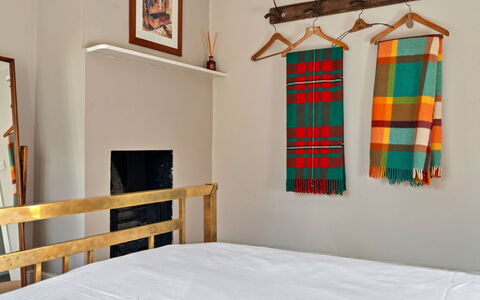 Meadowsweet Cottage: Wood, Interior Design, Linens, Flooring, Bedroom, Bed, Floor, Furniture, Bedding, Room