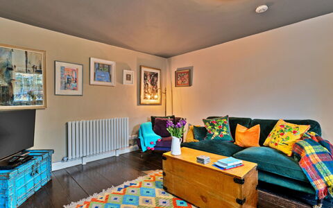 Flittermouse Cottage: Furniture, Interior Design, Couch, Flooring, Wall, Floor, Living Room, Room, Wood, Ceiling