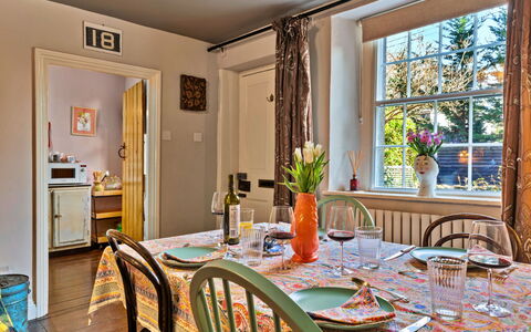 Flittermouse Cottage: Furniture, Interior Design, Dining Room, Chair, Flooring, Wall, Table, Wood, Kitchen & Dining Room Table, Ceiling
