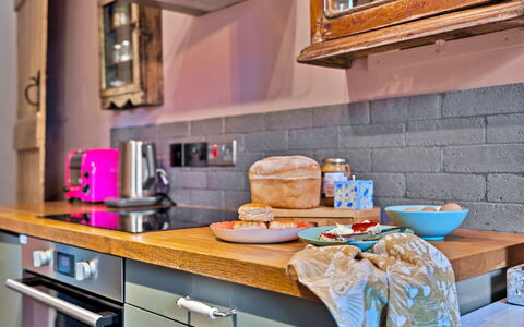 Flittermouse Cottage: Kitchen, Kitchen Appliance, Countertop, Furniture, Cabinetry, Major Appliance, Interior Design, Home Appliance, Flooring, Tableware